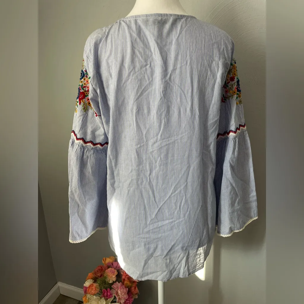 Zara Boho Striped Embroidered Peasant Top - Bell Sleeves & Crochet Lace - Image 5