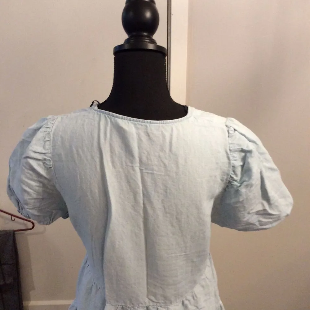 ZARA Light Denim Blue V Neck Layered Dress Small S Linen Blend Babydoll - Image 2