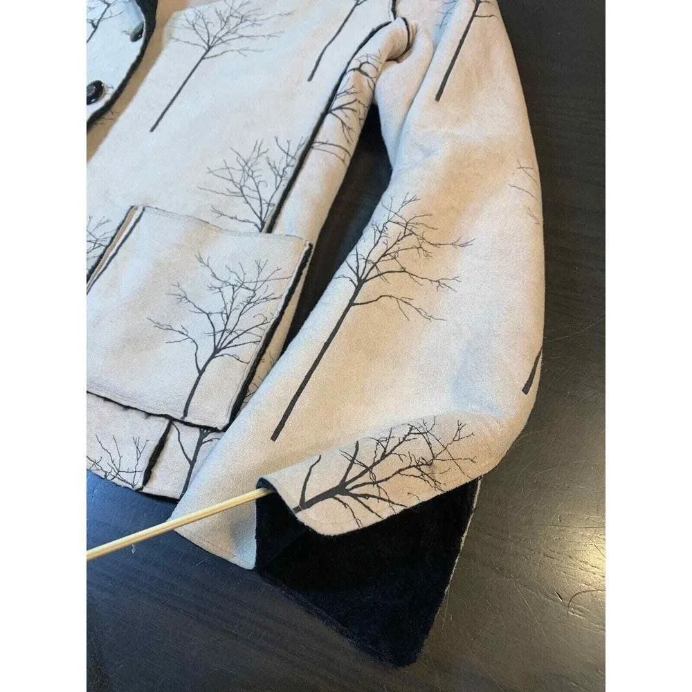 Robert Kitchen Suede Jacket Women's Small Canada Coat Faux Fur‎ Cream Trees Black - Image 6