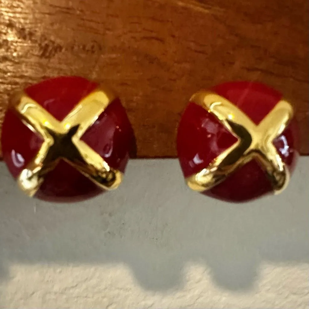 St. John Red Enamel & Gold-Tone "X" Clip-On Statement Earrings - Image 4