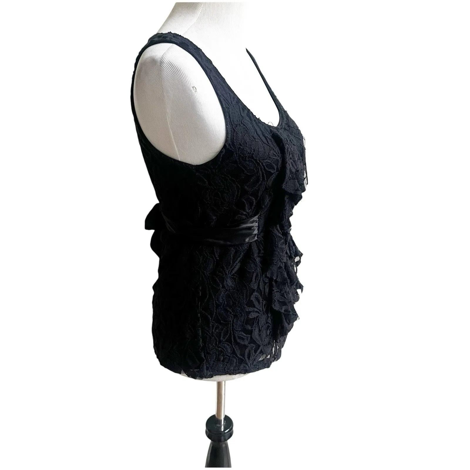 Wet Seal Black Lace Ruffled Satin Tie Y2K Tank Whimsygoth Size Medium Black - Image 2