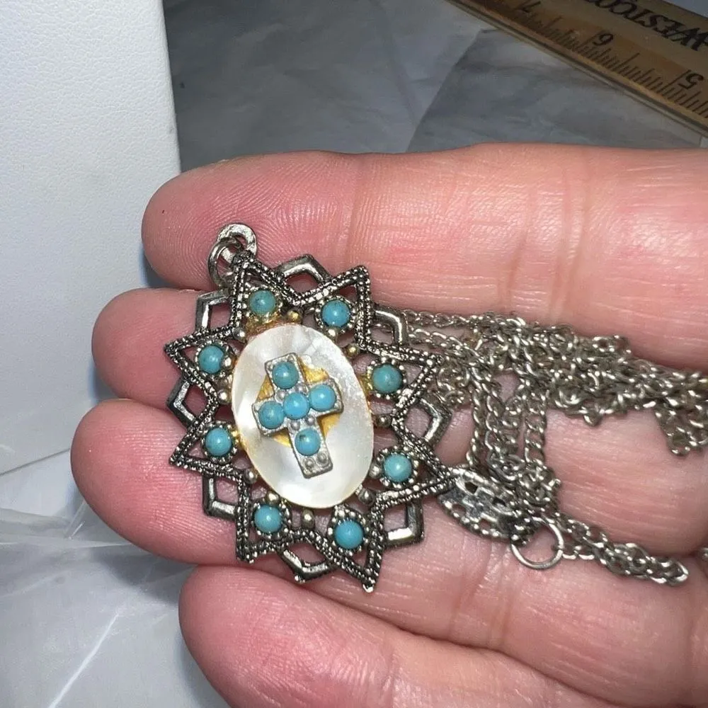 Vintage Silver Tone With Mother of Pearl and Turquoise beads Cross Cameo Pendant - Image 7