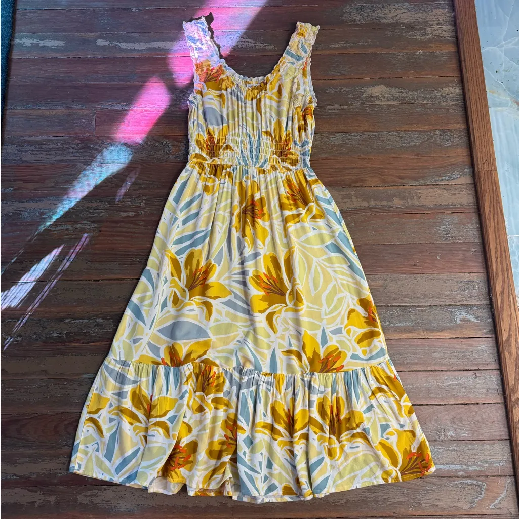 Patrons of Peace Smocked Waist Yelloe Floral Midi Length Dress ~ Size XS 💚🍄 - Image 5