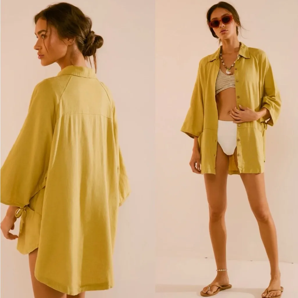Free People Citron (Yellow-Green) Take Me With You Linen Shirt, size M - Image 2