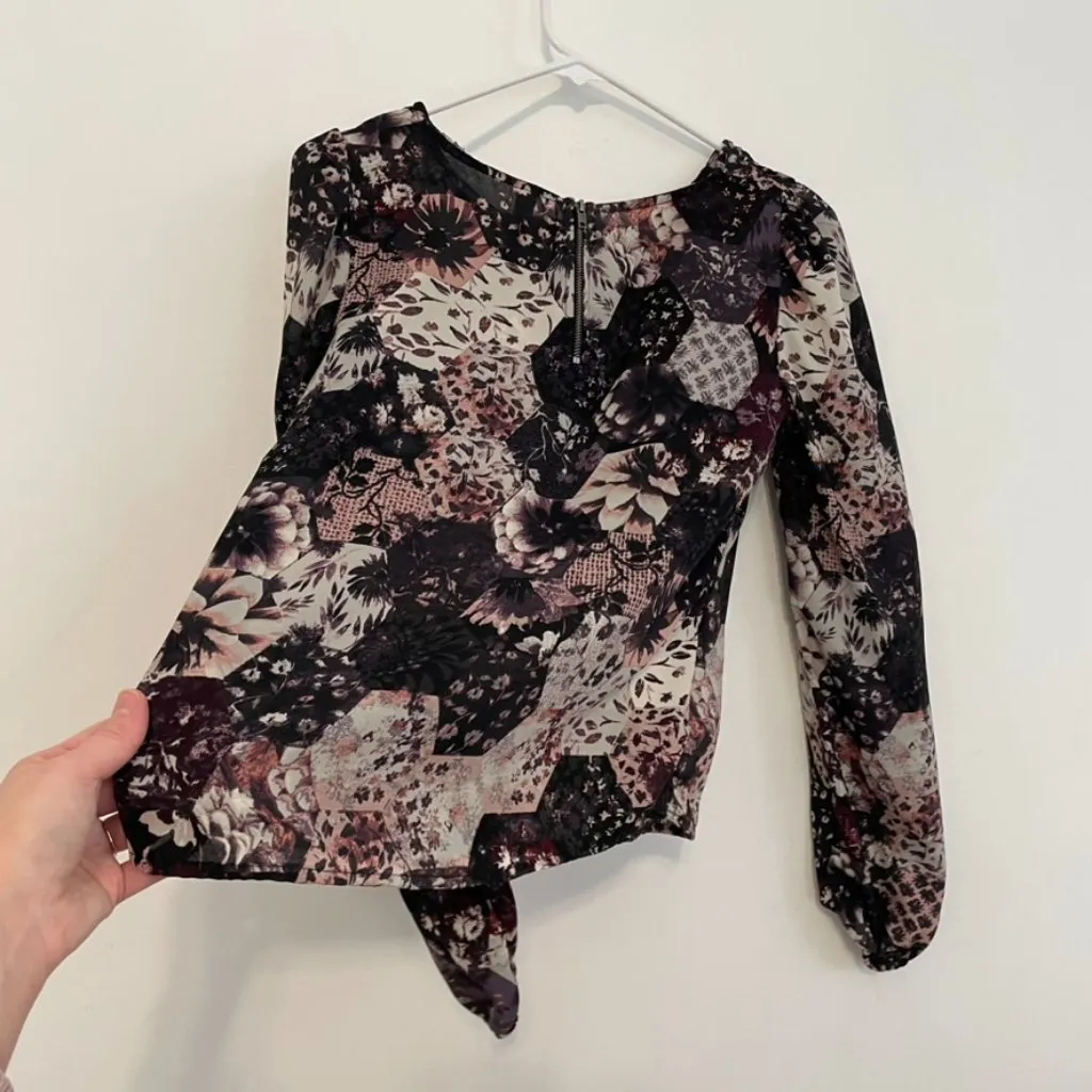 XHILARATION Cream Ivory Black Pink Floral Geometric Patchwork Long Sleeve Blouse - Image 16