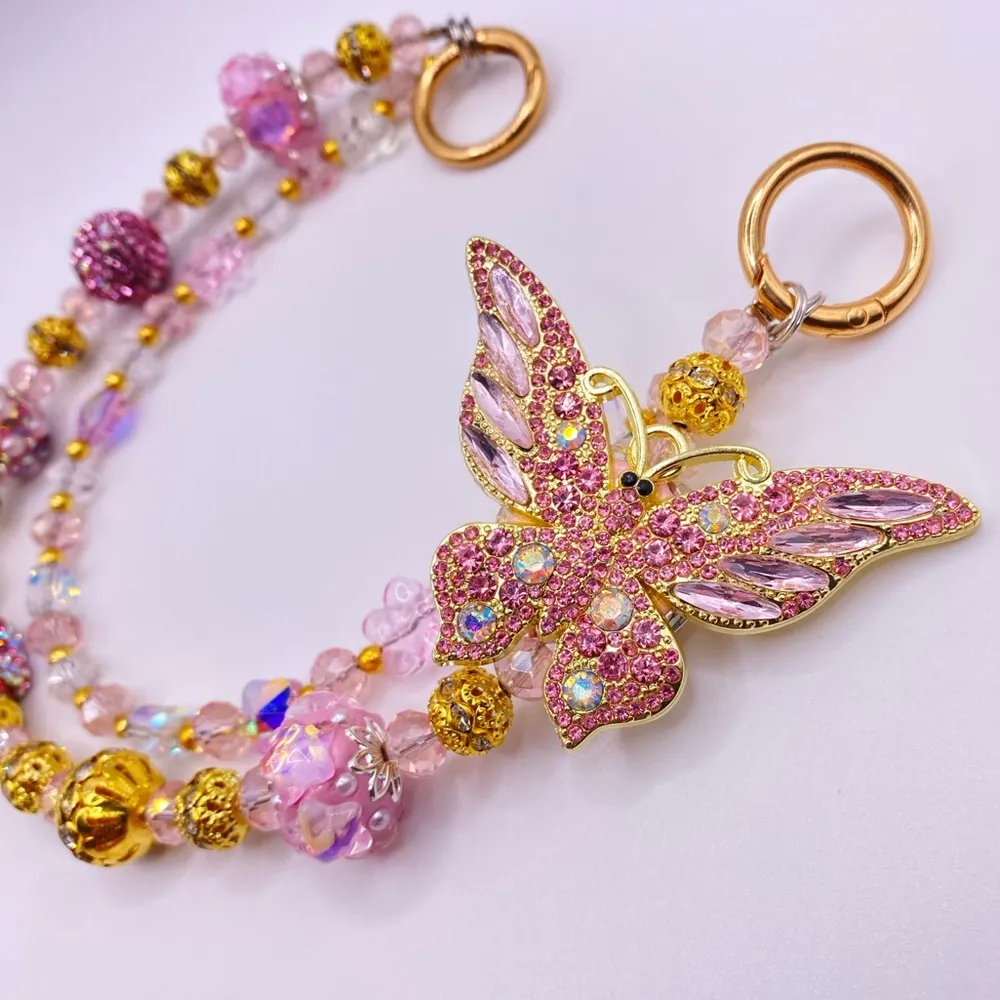 🩷 Luxury Bag/Phone Chain Charm/Keychain Pretty Light Pink Rhinestone Butterfly - Image 4