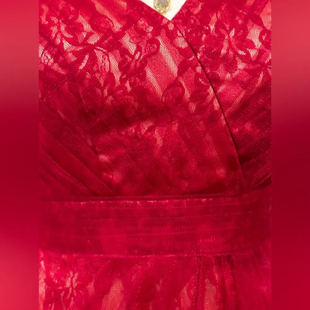 JJ’s House Burgundy Sheath/Column Tea-Length Tulle Cocktail Dress Ruffle Sz 4 - Image 3