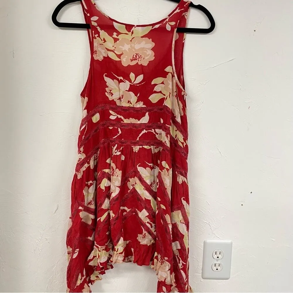 Free People Intimately Red Floral Sleeveless Tunic Womens XS Shark Bite Hem - Image 9