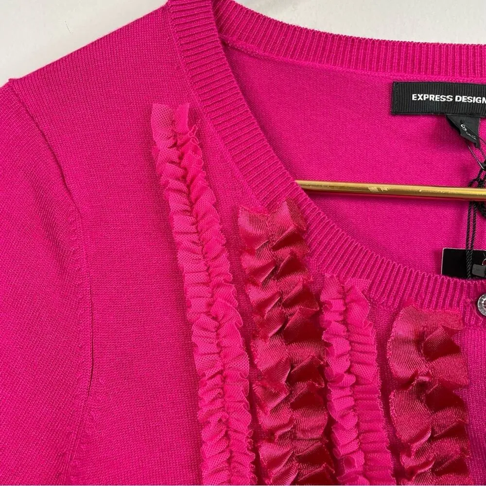 Express Y2K Pink fuchsia tiny fit Ribbon Tulle Rhinestone Cardigan Sweater S new - Image 6