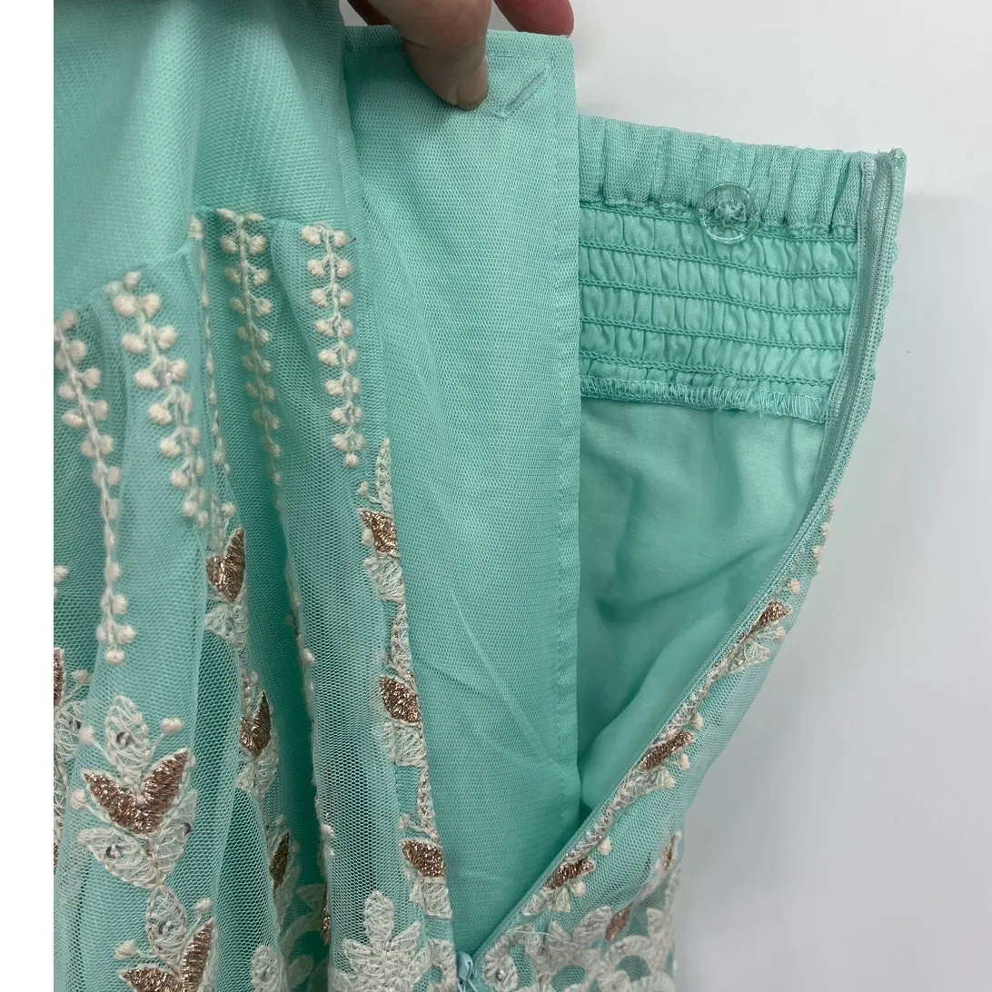 Soft Surroundings Lace Boho Maxi Skirt PXL Aqua Embroidered Floral Mesh Fairy - Image 7