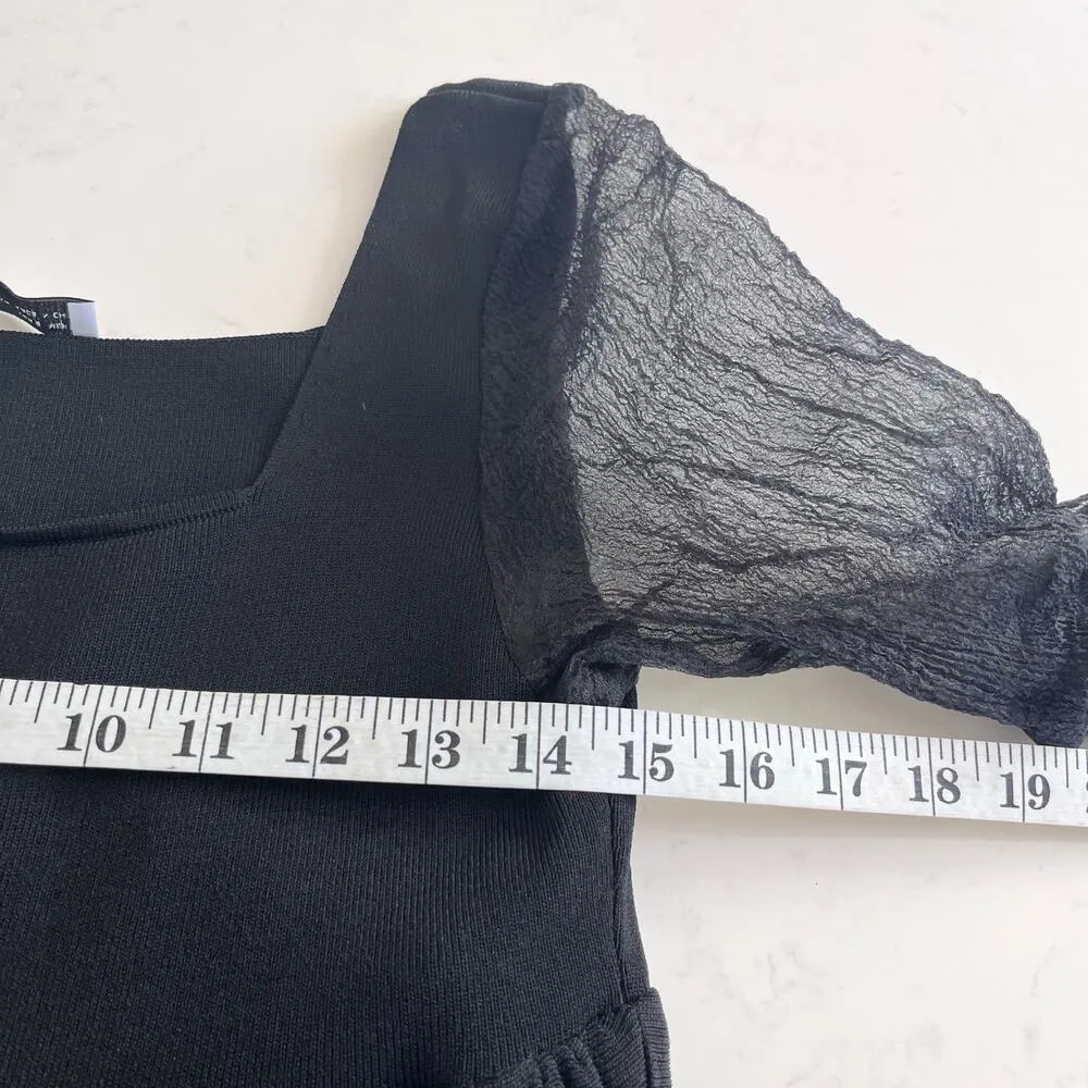 Zara Black Organza Tulle Puff Sleeve Square Neck Knit Maxi Dress Size Small - Image 4