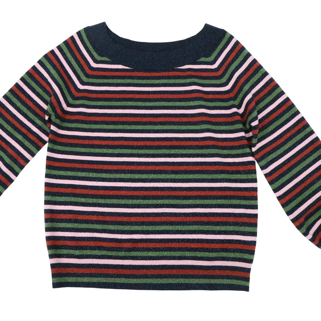 Boden Mabel Wool Cotton Metallic Bishop Sleeves Striped Boatneck Sweater 10 Blue - Image 3