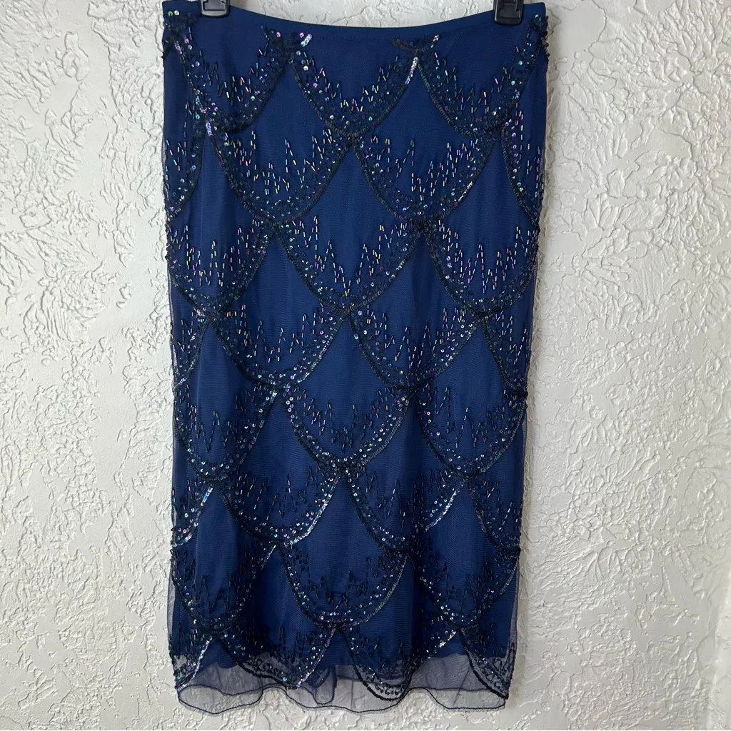 French Connection|Navy Blue Embellished Beaded Lace Midi Skirt Size 4 - Image 7