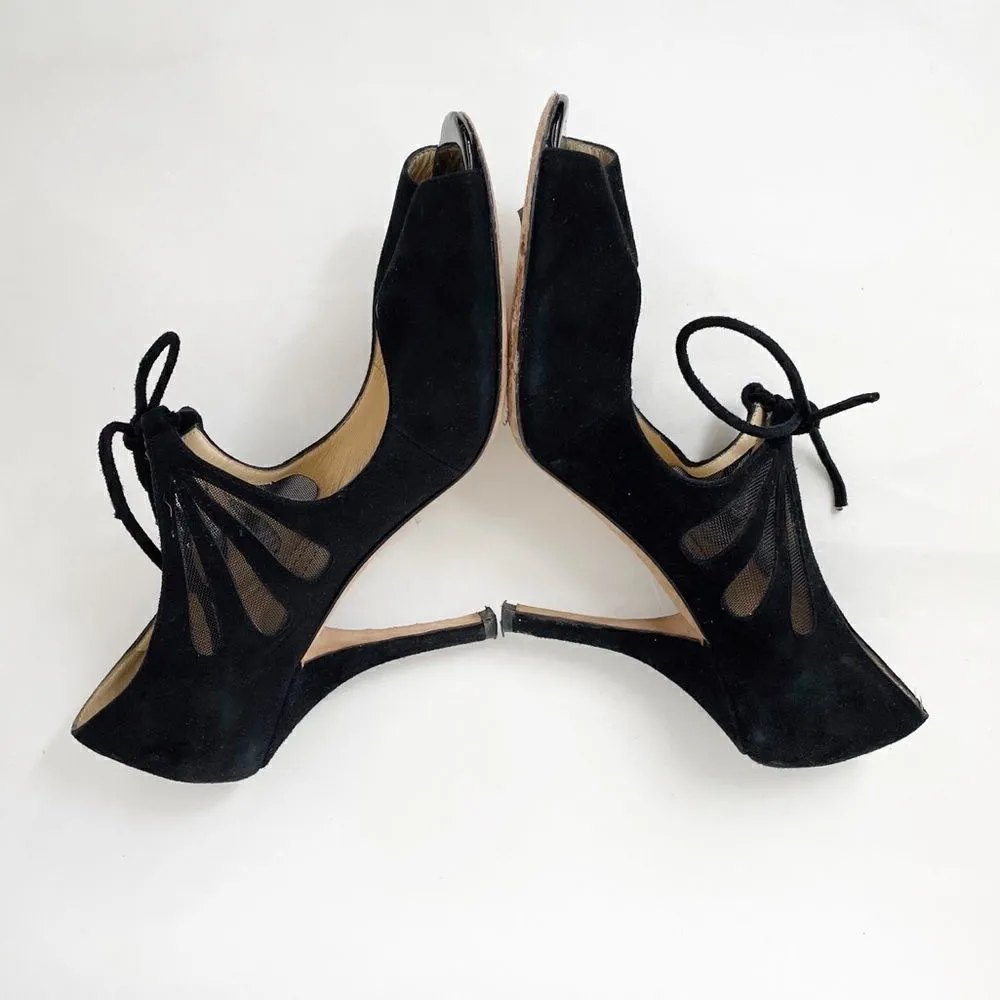 Kate Spade New York Suede Mesh Tie Peep Toe Heels Size Six Black Butterfly - Image 2