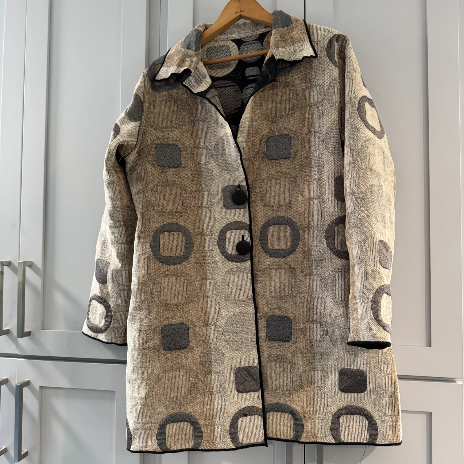 Winding River Reversible Tapestry Coat Jacket Abstract Geometric Art Large‎ Tan - Image 3