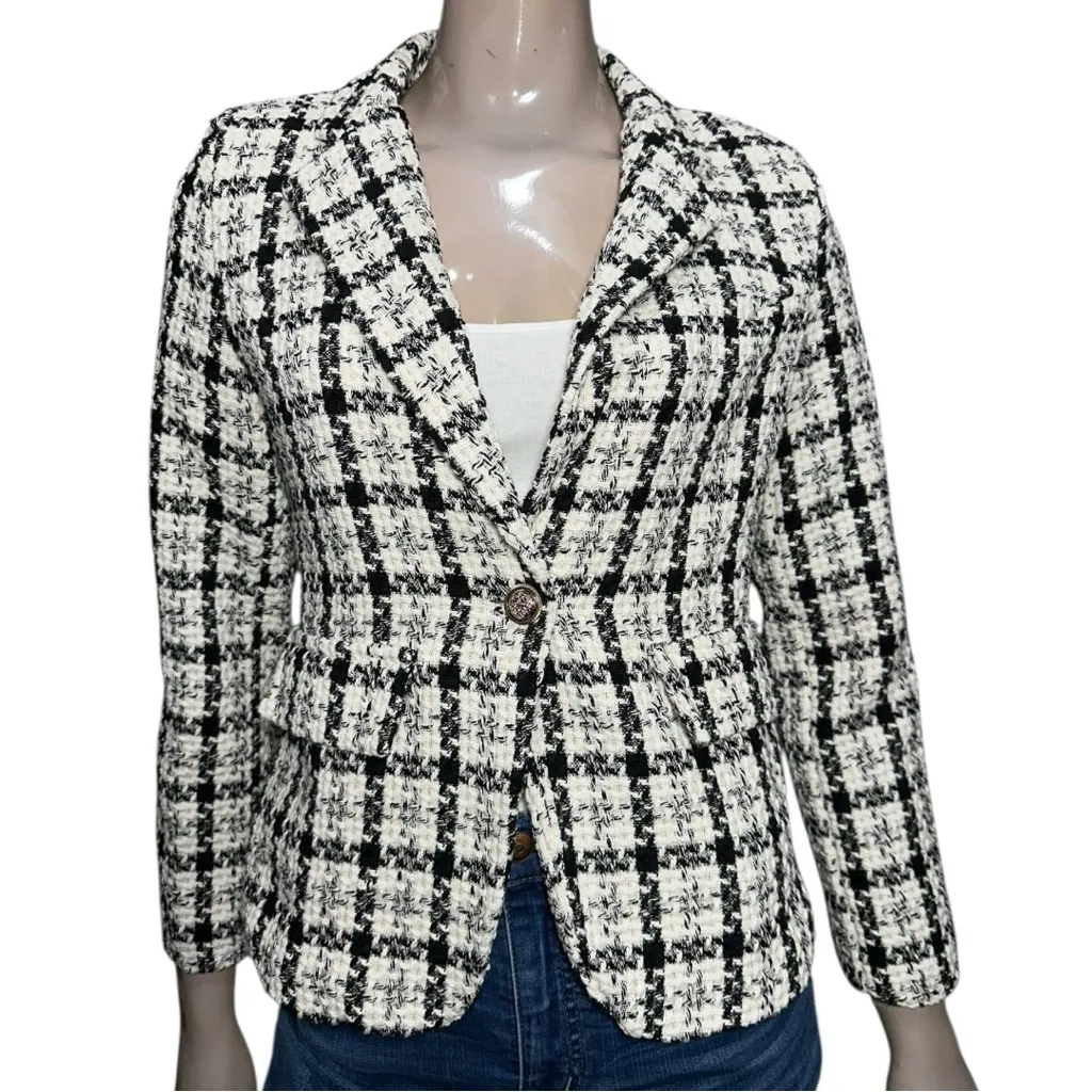 Femme Fatale NWT Women’s XS Black White Plaid Cotton Blend Tweed Jacket Blazer - Image 2