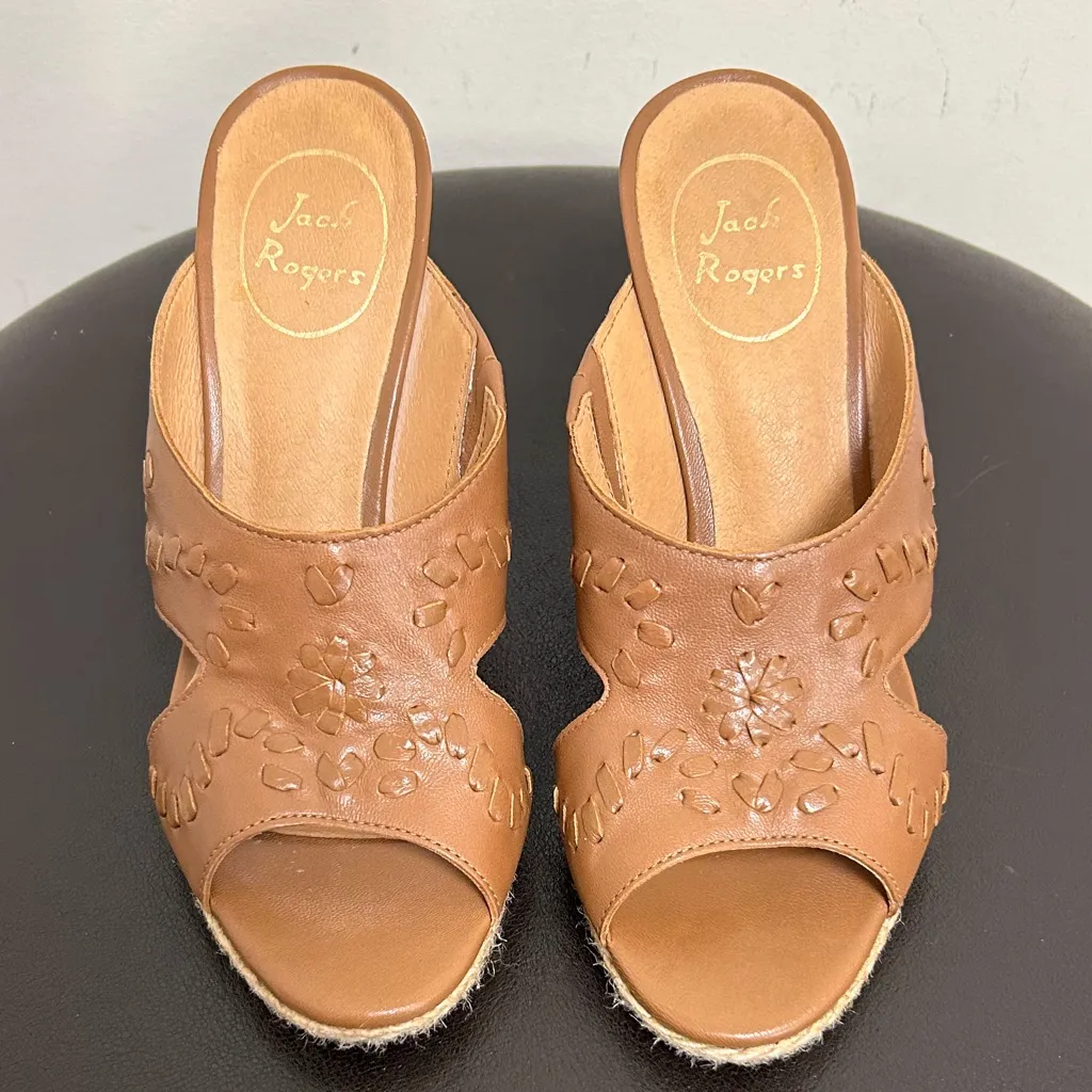 Jack Rogers Sophia Oak Brown Leather Wedge Whipstitch Heel Open Toe Sandals 7 M - Image 5