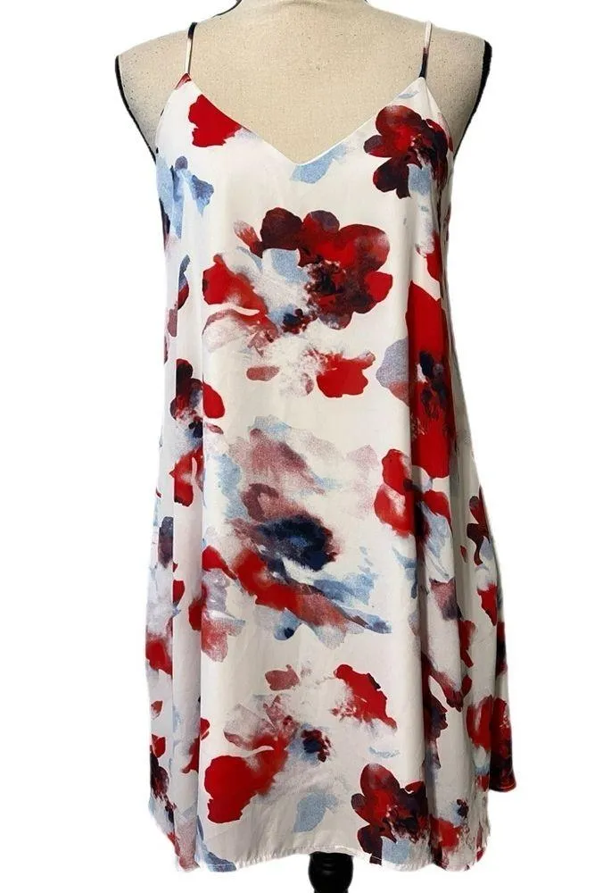 PEACH LOVE California medium dress spaghetti strap red white blue floral flaws - Image 2