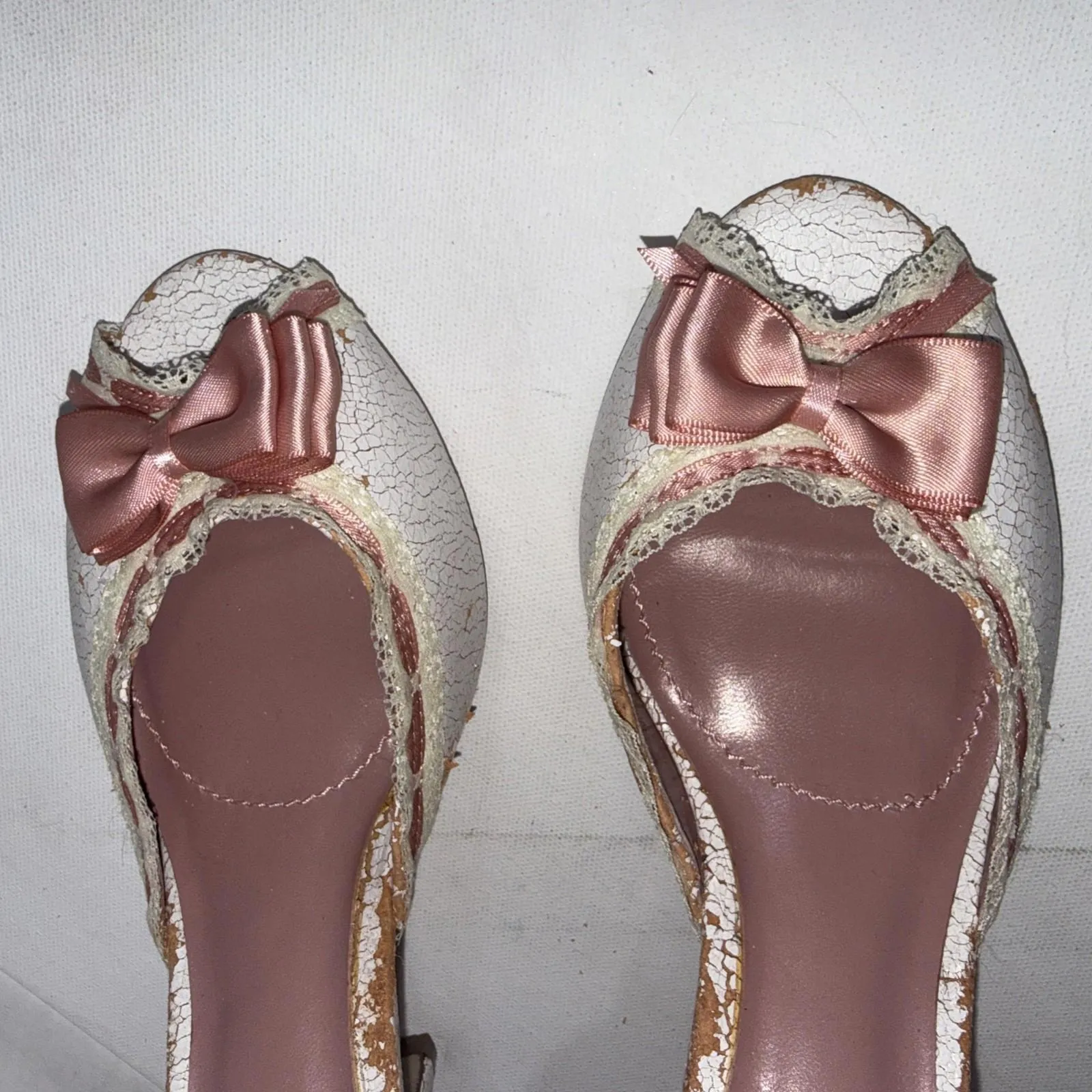 Y2K Delicious White Pink Lace Bows Ribbon Trim Stripper Peep Toe Pumps Size 9 - Image 8