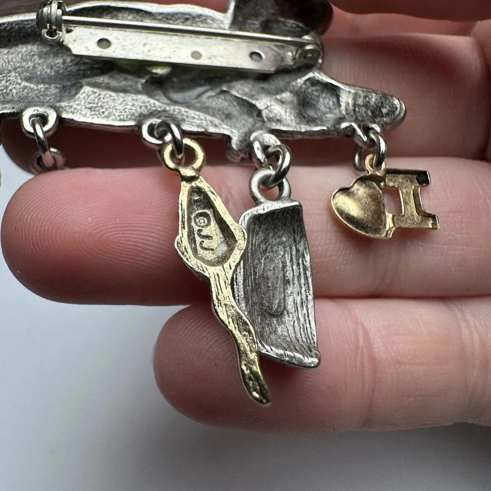 JJ Kitty Cat Lounging Dangling Charms Brooch Pin Two Tone Jonette Jewelry Silver - Image 9