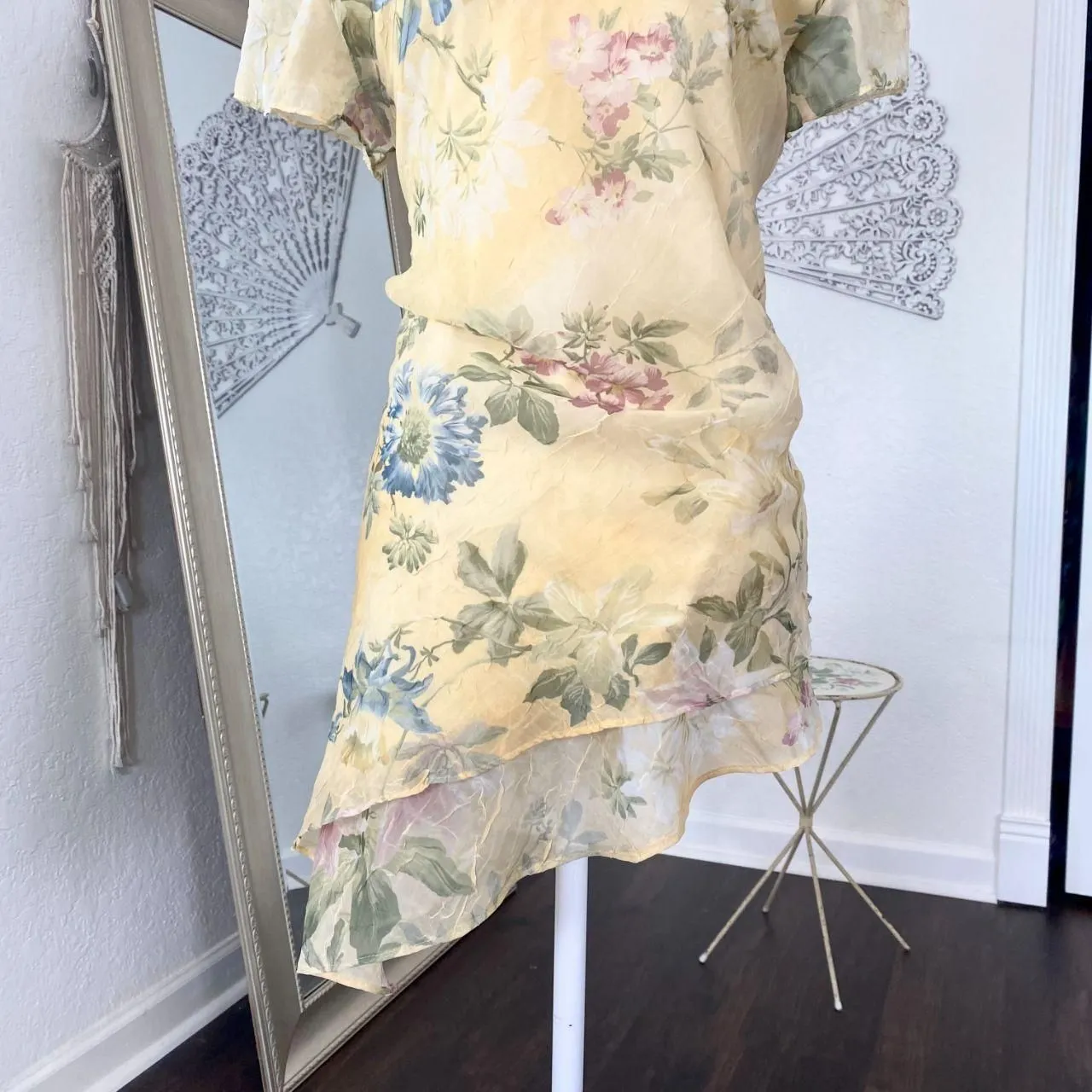 Coldwater Creek Early 2000's Asymmetric Yellow Floral Mesh Blouse Top 16 / XL - Image 2