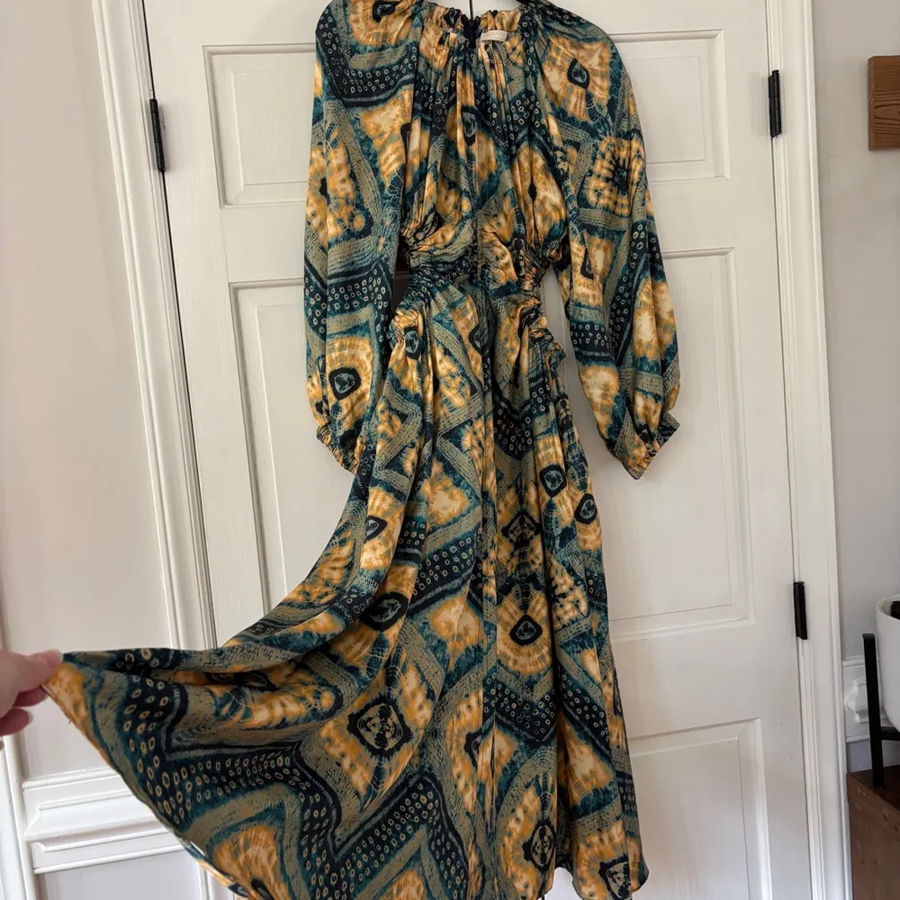 Ulla Johnson Tulia Dress‎ Green Gold Constellation Silk Size 10 Cutouts Shibori - Image 9