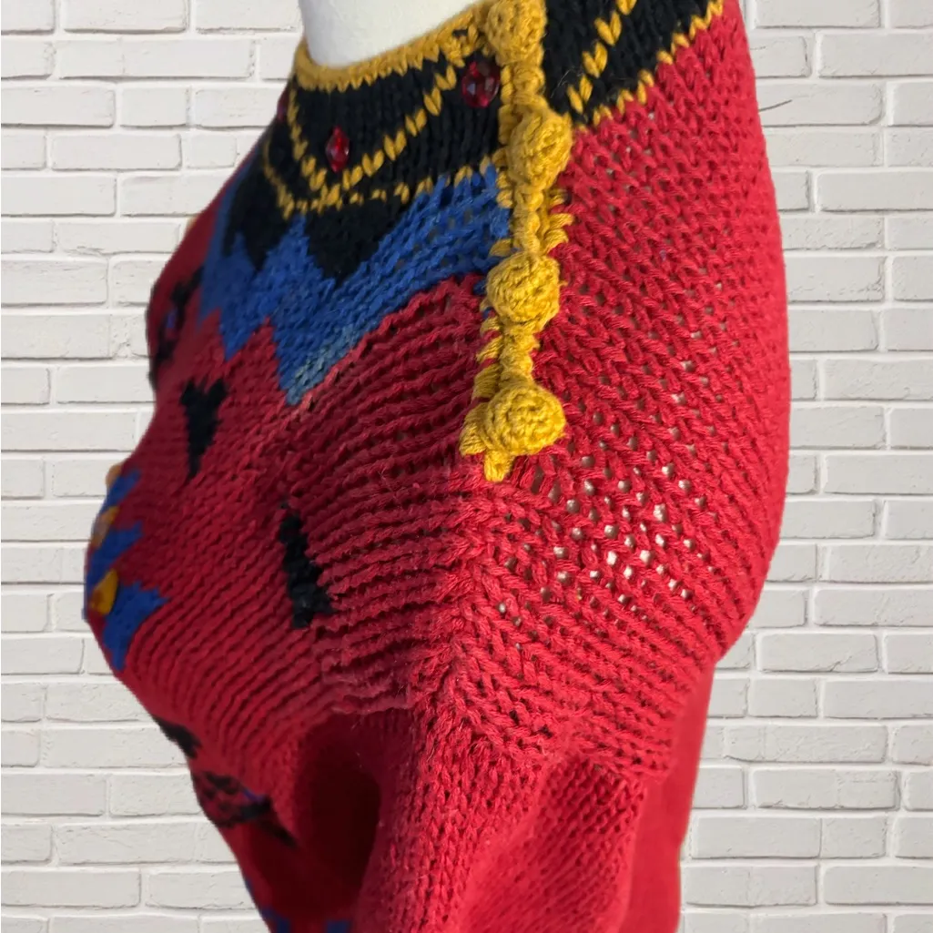 Vintage Hand Knit Sweater Red Ramie Cotton Beaded Retro Chunky Bold 80s 90s S - Image 3