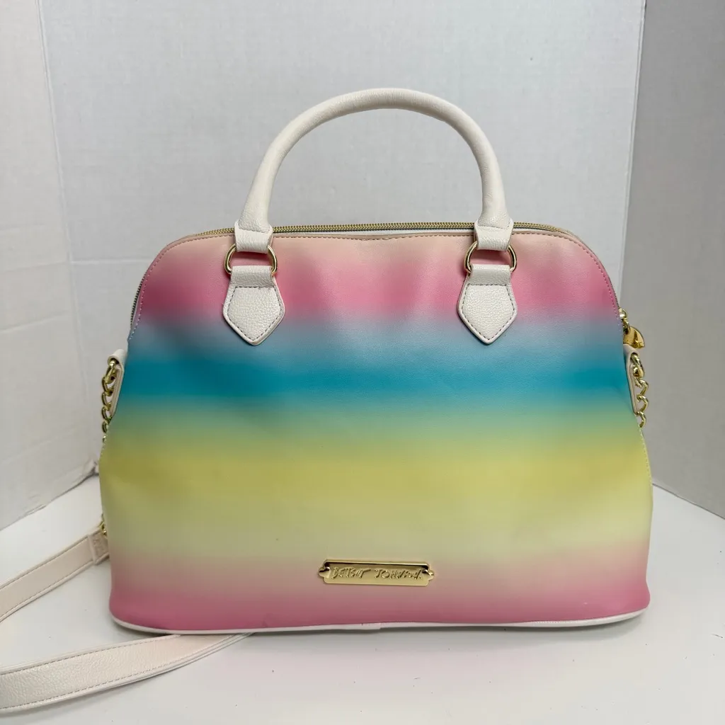 Betsey Johnson Purse Handbag Crossbody Bow Studded Chain Rainbow Ombré Gold - Image 8