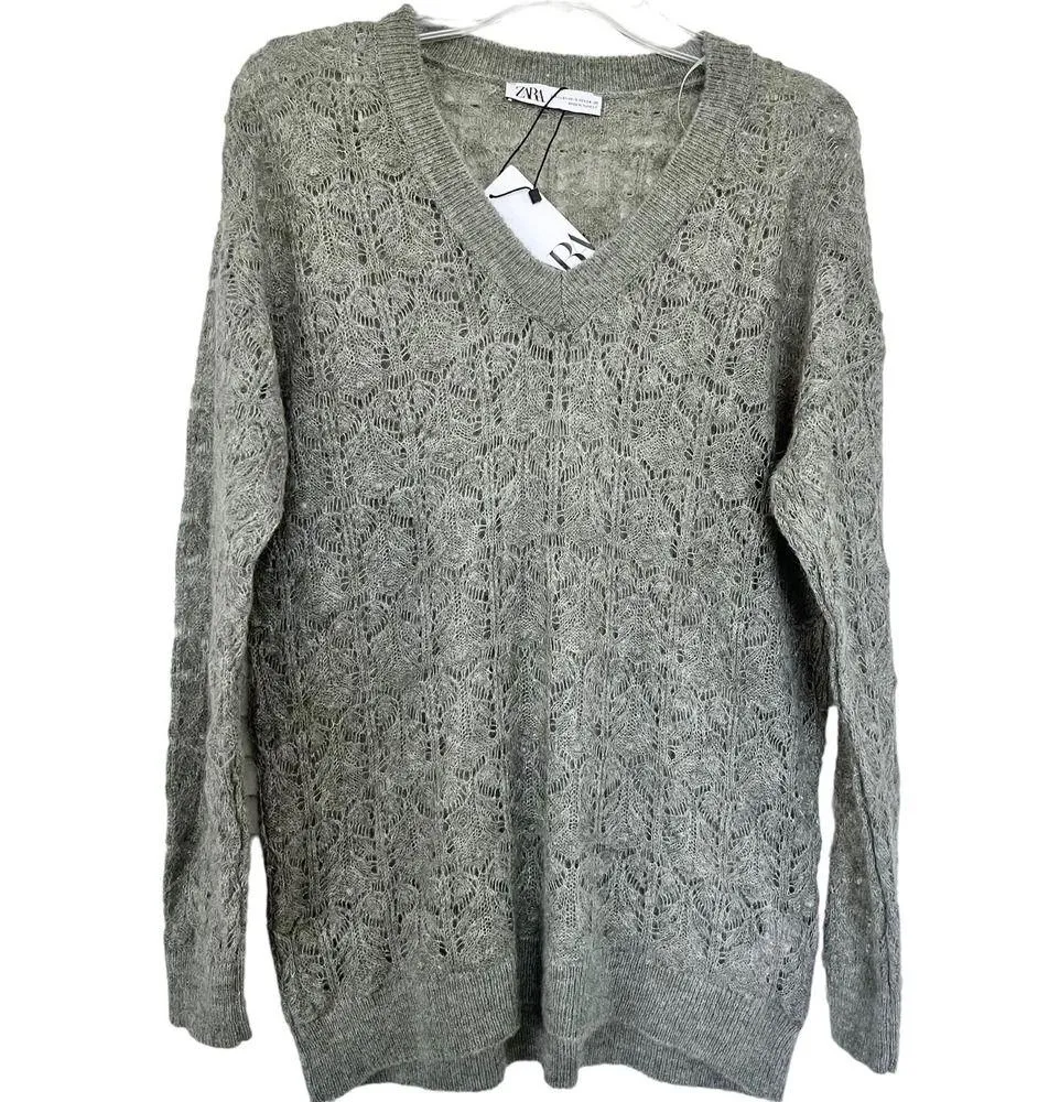 ZARA POINTELLE OPEN KNIT SWEATER Oversized Green Marl XS/S. NWT - Image 3