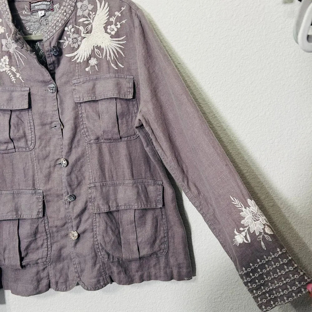 Johnny Was Workshop Oleander Linen Jacket Grey Safari Embroidered Women Medium - Image 10