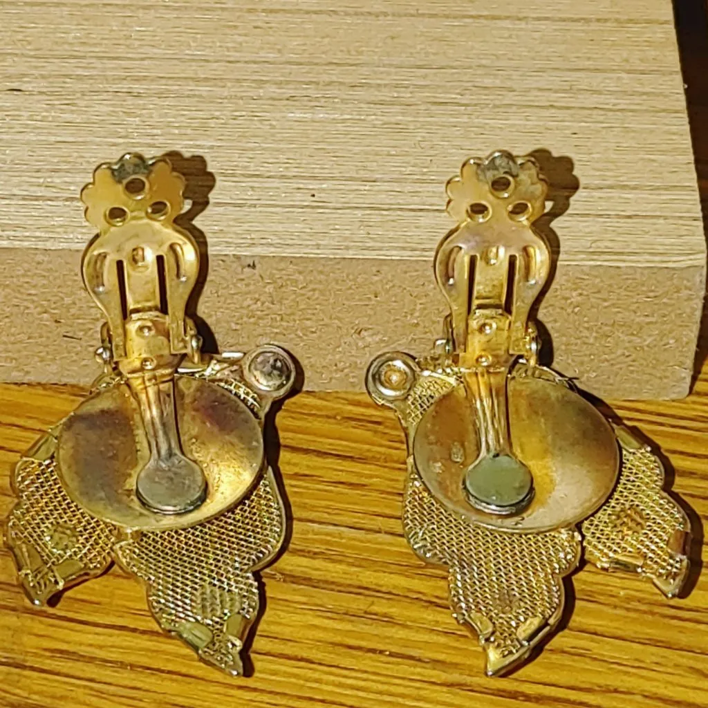 Motif Leaf Earrings Vintage Gold Tone Clip On 1950 Mesh Botanical Multi Layered - Image 6