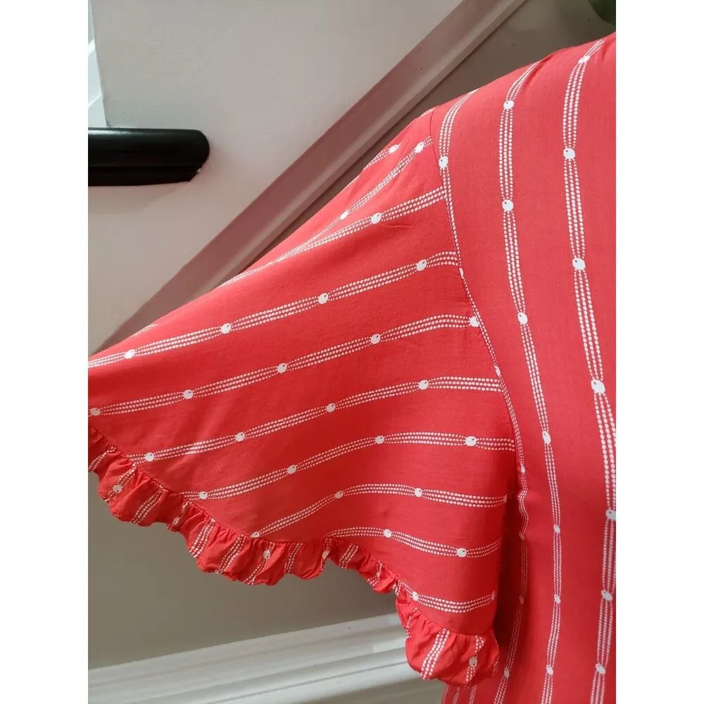 Anthropologie Mauve Red Striped Ruffle Button Front Short Sleeve Top Blouse S - Image 6