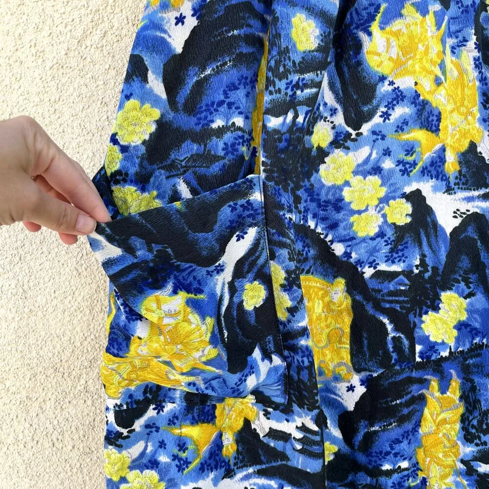 Vintage 1970s Mumu Dress Blue Gold Barkcloth Asian L XL - Image 3