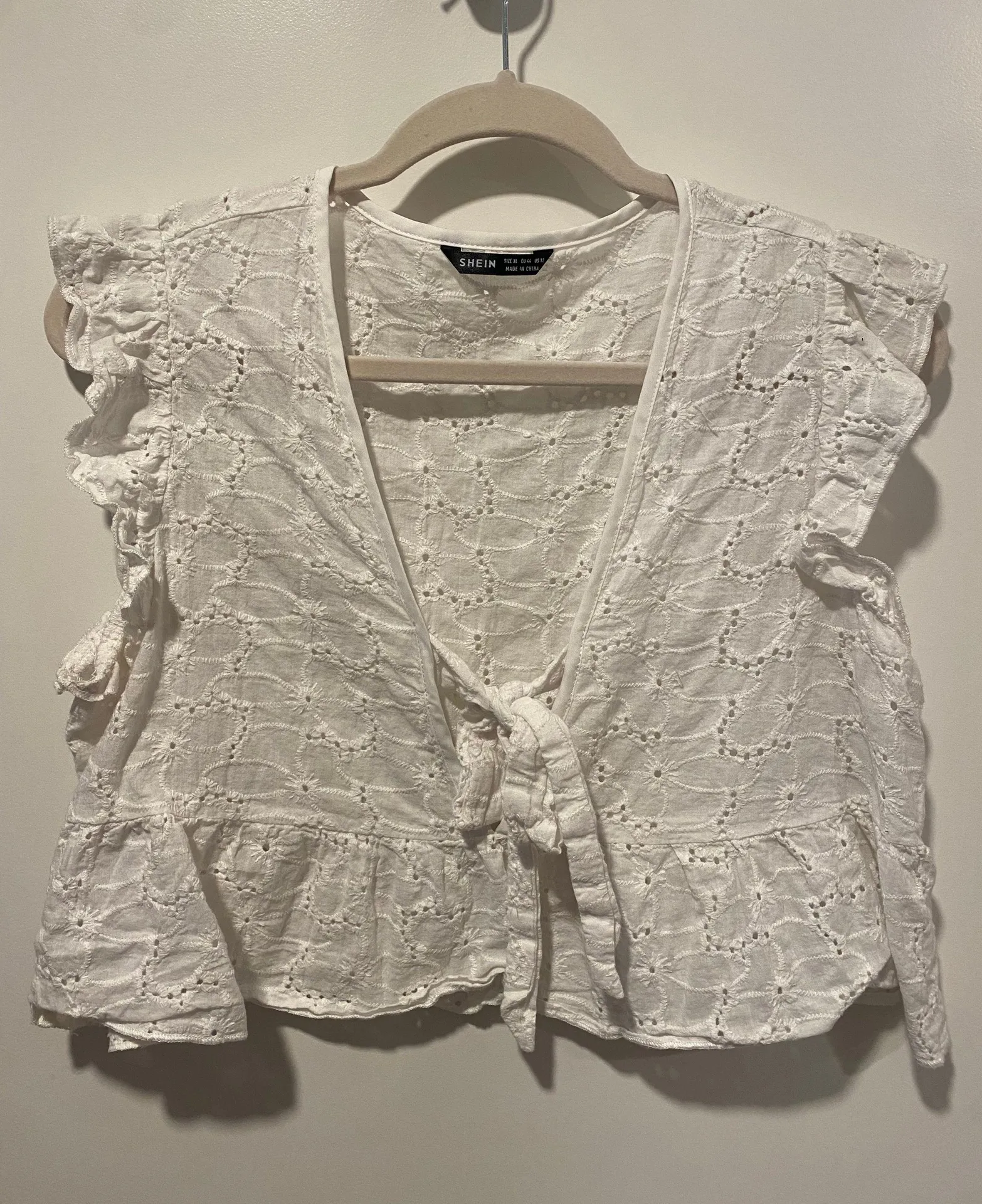 Shein White Tie Front Ruffle Hem Top - Image 2