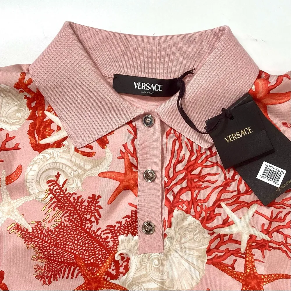 Versace Barocco Sea Silk Wool Knitted Polo Shirt Pink La Vacanza 2024 36 IT NWT - Image 8