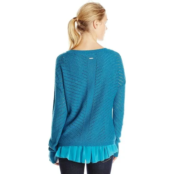 NWT New Womens L Prana Ellery Sweater Top Cotton Aqua Blue Layered LS Logo Soft - Image 2