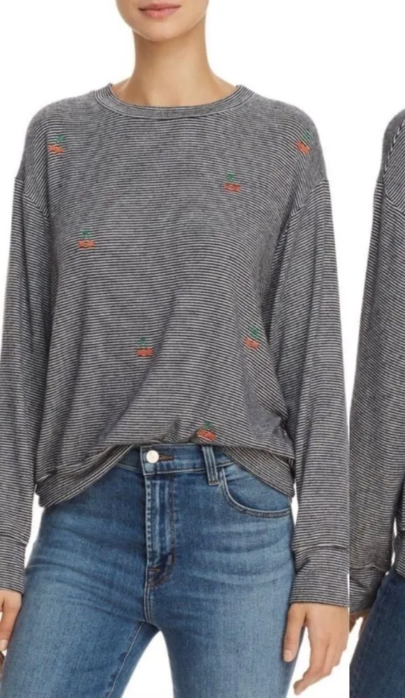 Sundry Soft Navy White Striped with Embroidered Cherries Long Sleeve Top Size 1 - Image 1