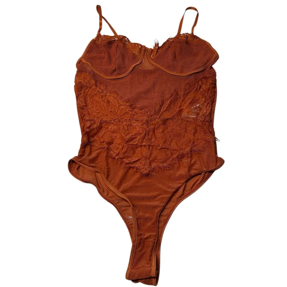 Mesh Lace Teddy Bodysuit Burnt Orange Sexy Lingerie Sheer Rave Outfit Size L New Size L - Image 2