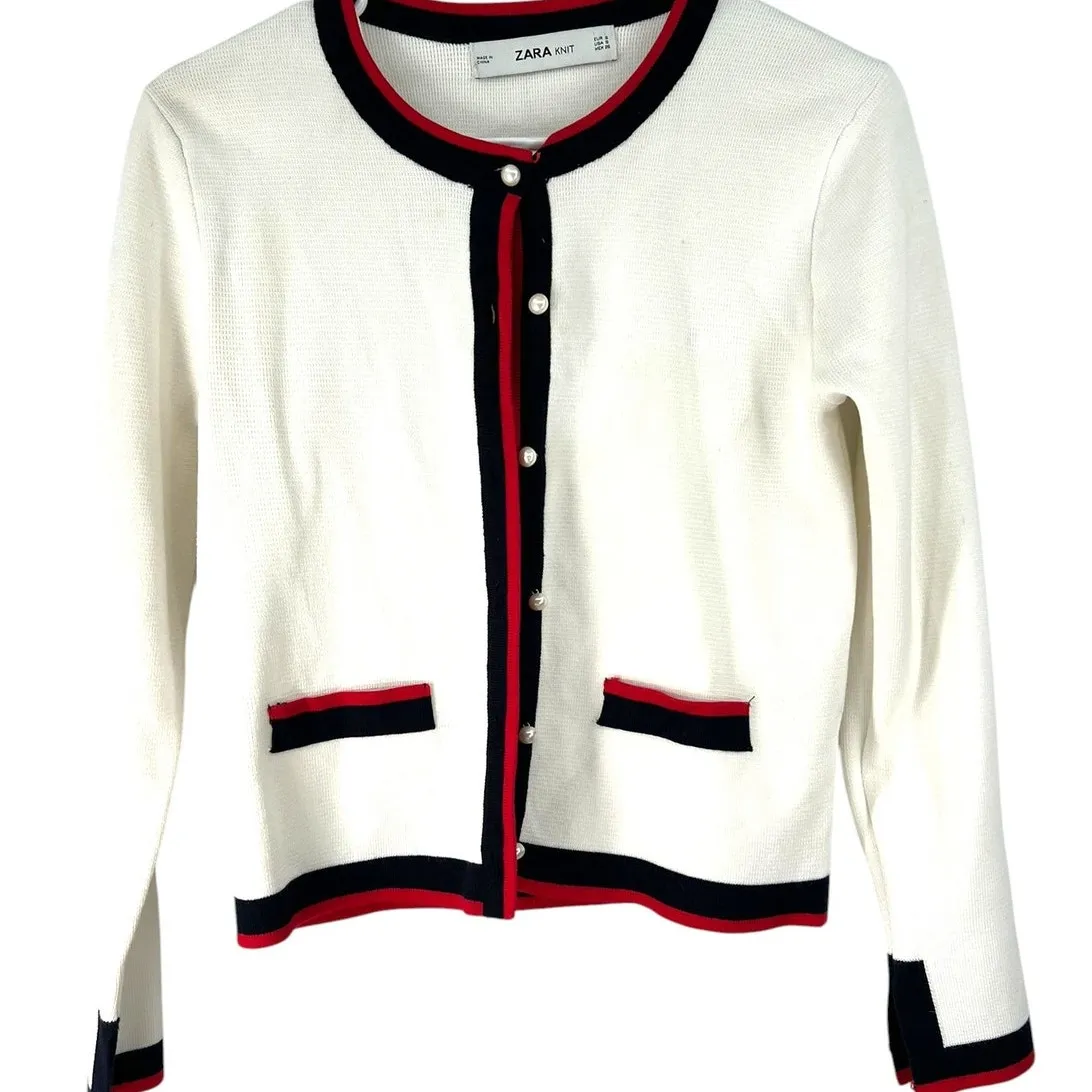 ZARA S Knit Pearl Cardigan V White Stripe-Trim Red Blue Sweater Cropped Classic - Image 2