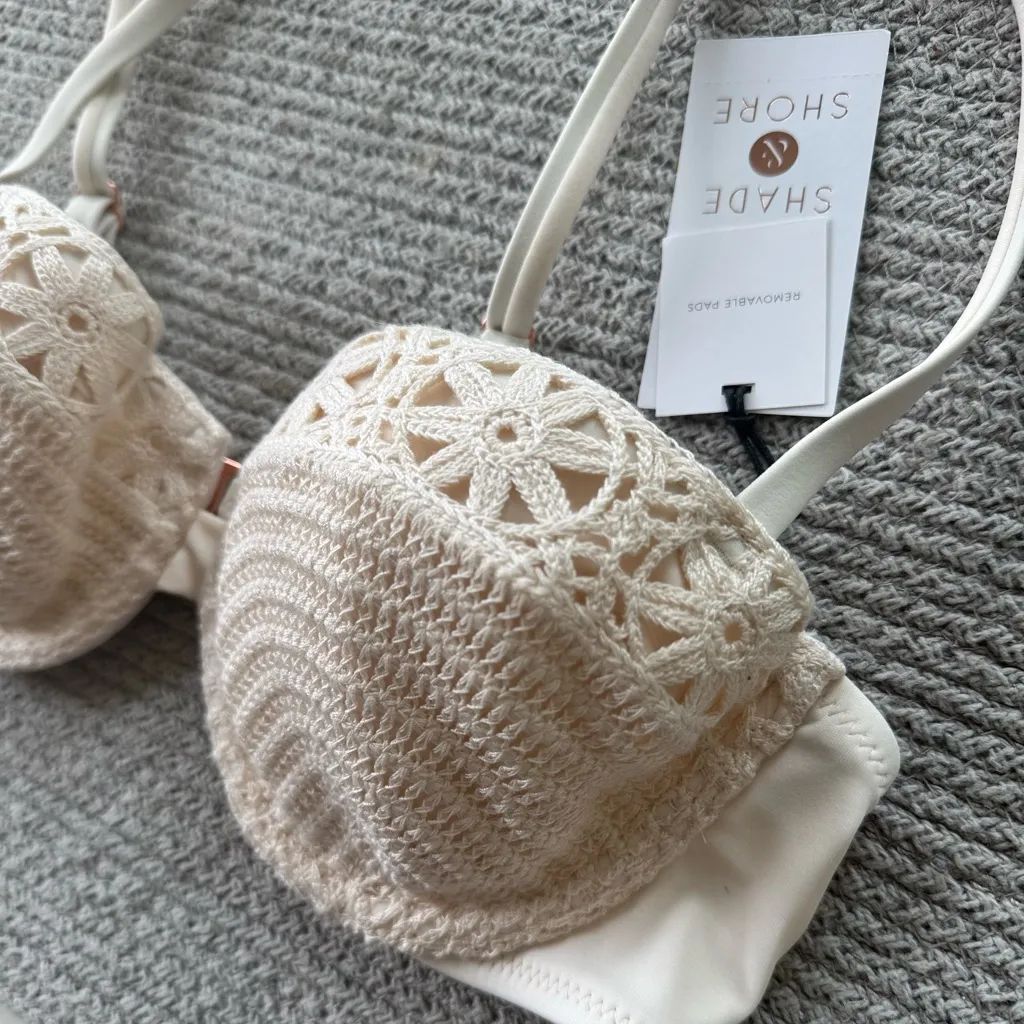 Shade & Shore Ivory Crochet Floral Demi Cup Pushup Bikini Top Size 32B NWT - Image 7