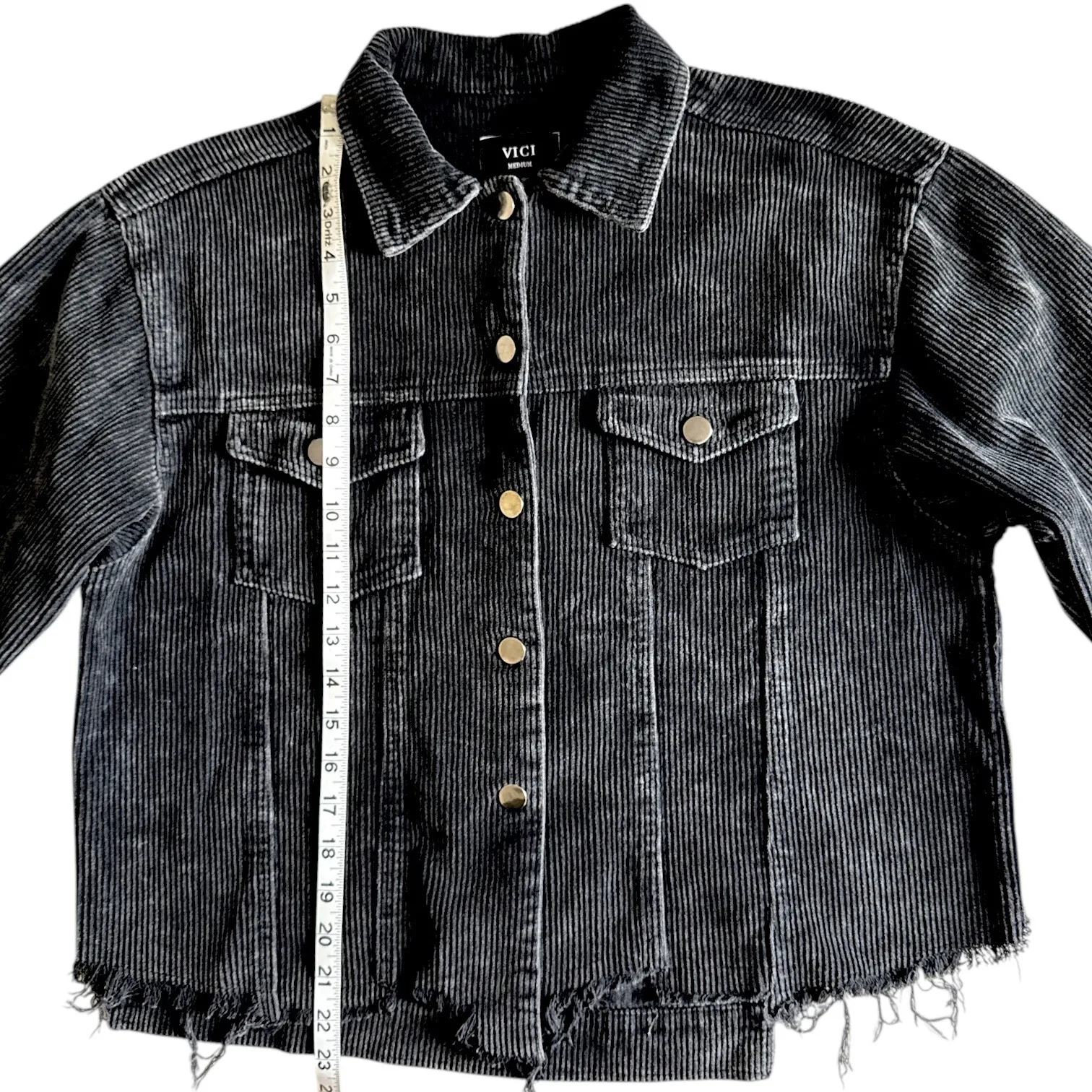VICI ‎ Corduroy Jacket Distressed Hem Button Front Black Jean Jacket Medium - Image 6