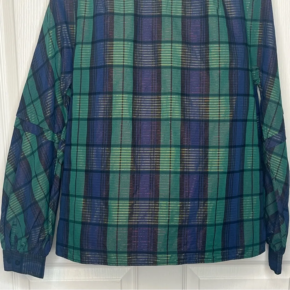 Foxcroft Green Blue Black Gold Plaid Vneck Blouse Sz S Long Sleeve - Image 9