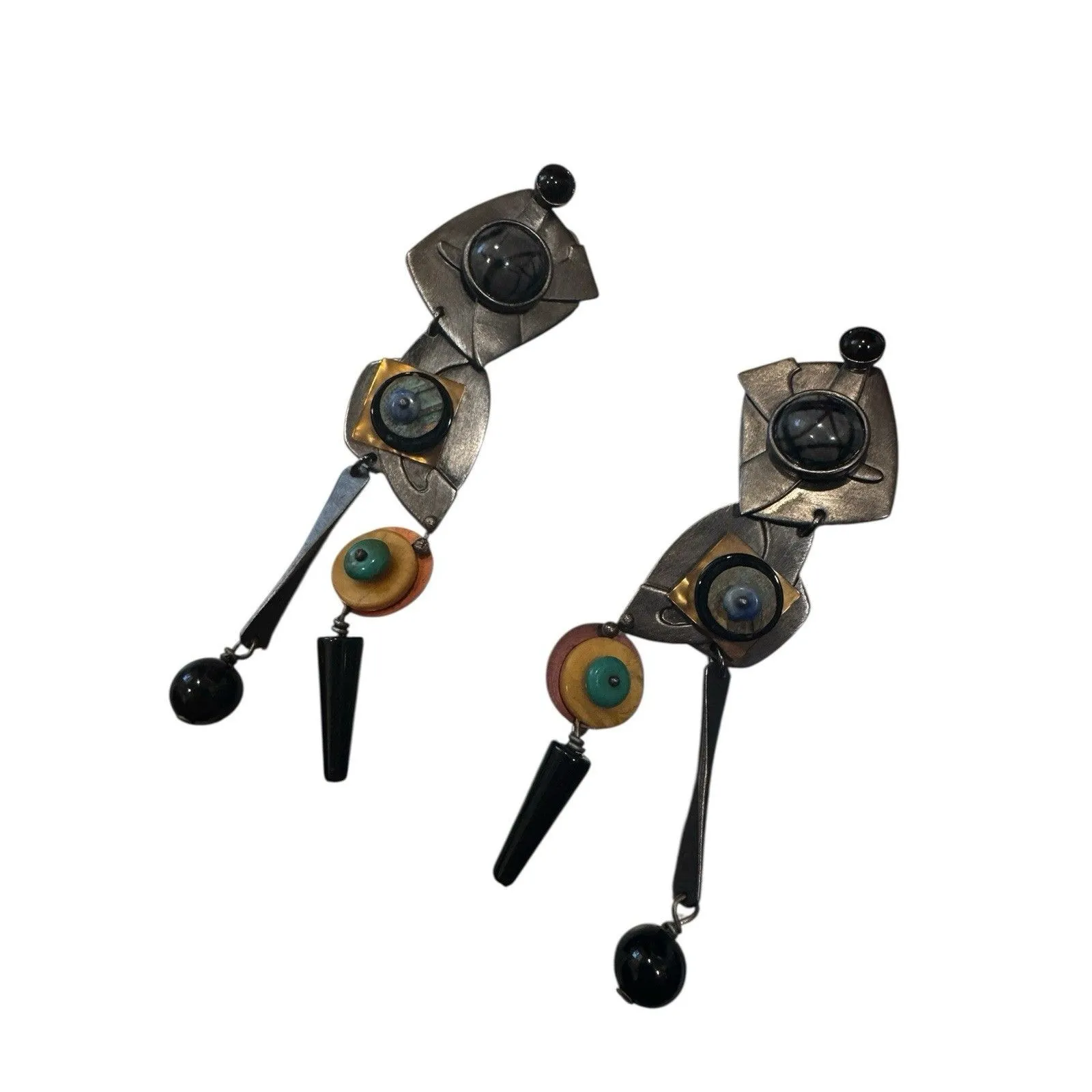 Vintage Modernist Artisan Gale Rothstein Multi Semi Precious Stone Clip Earrings - Image 3