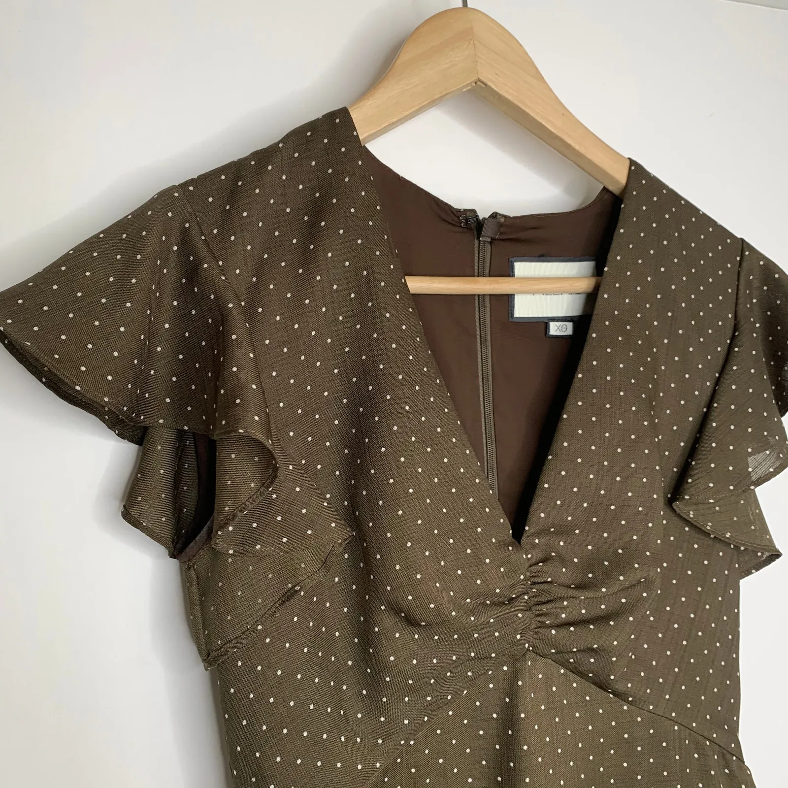 Alexis Benza Flutter-Sleeve Short Chocolate Brown Dot Mini Dress Womens XS - Image 6