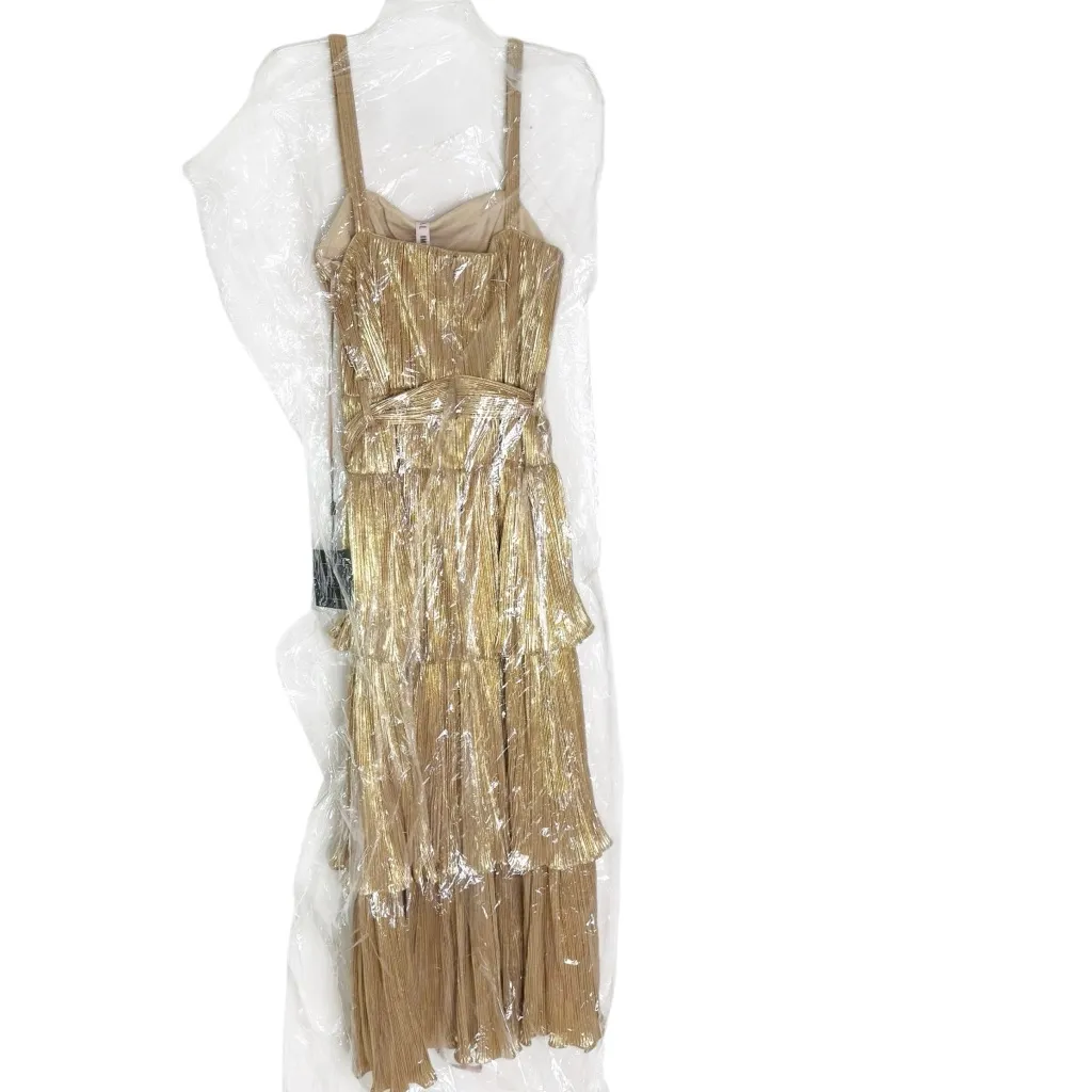 NWT Mac Duggal 27062 Tea-Length Metallic Plissé Midi Dress Party Gold Size 6 - Image 7