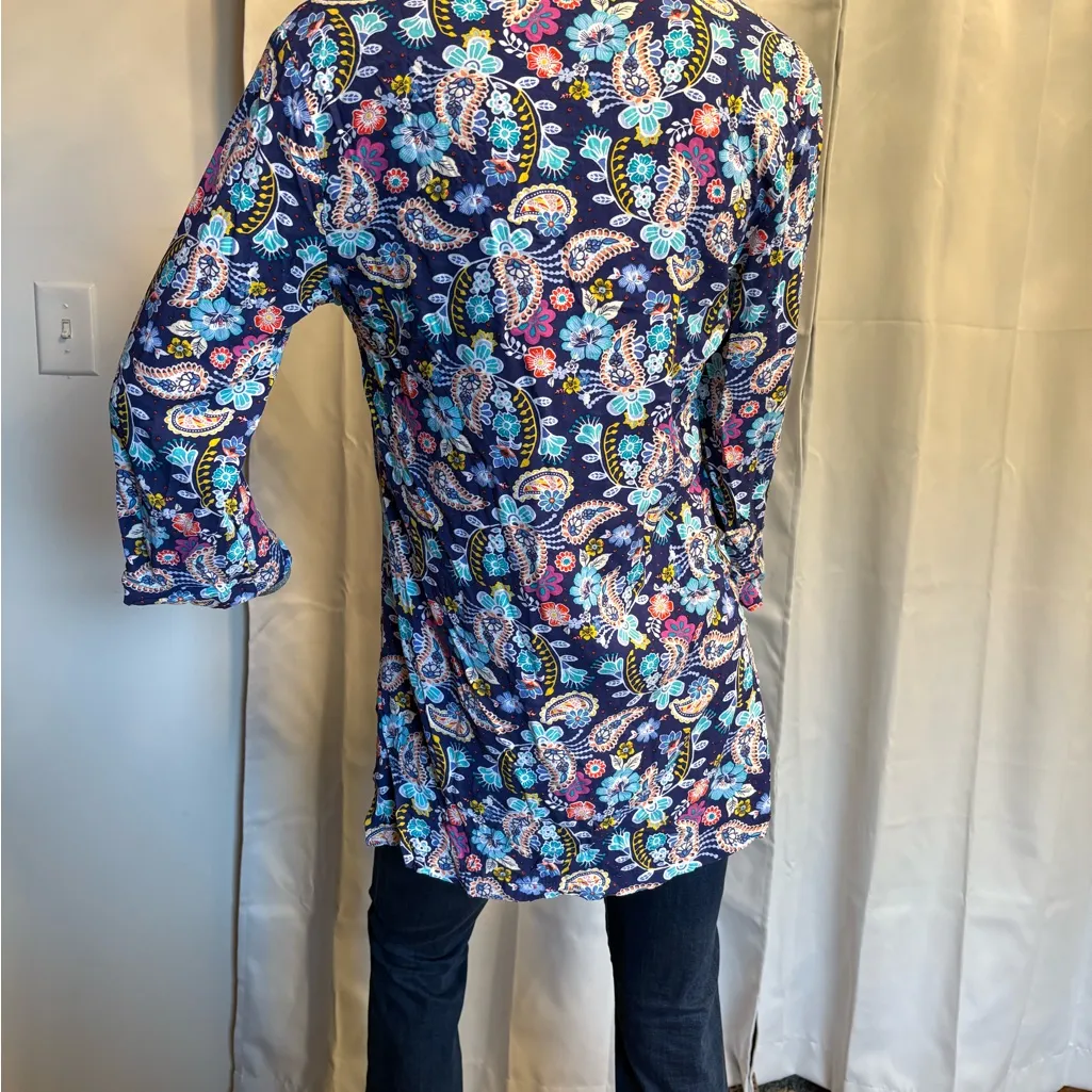 Liz Claiborne Paisley Block Print Floral Tunic Rop Colorful 3/4 Sleeve V-neck - Image 4