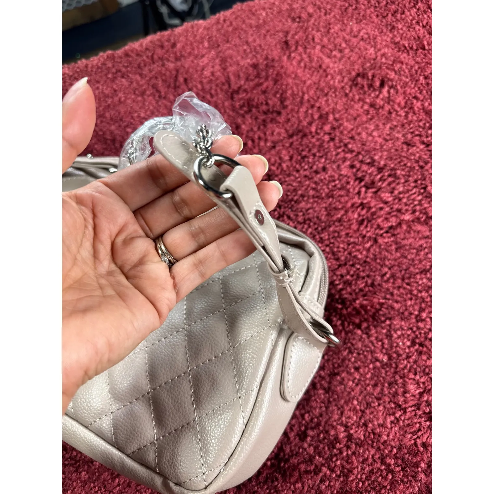 Bella Russo Quilted Crossbody Bag Chain Strap Neutral Beige Purse Tan - Image 10