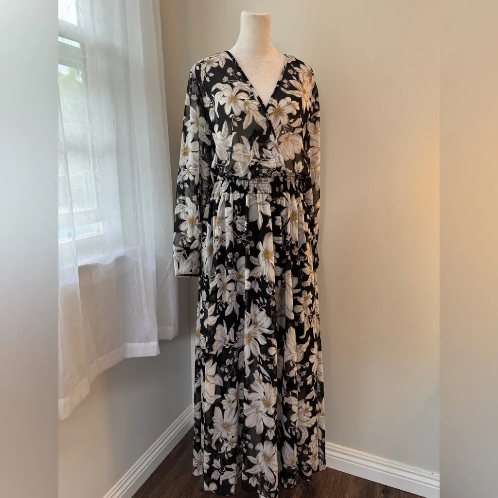 Kate and Lily Black, White & Yellow Floral Print Sheer Long Sleeve Maxi Dress Black Size 14 - Image 5