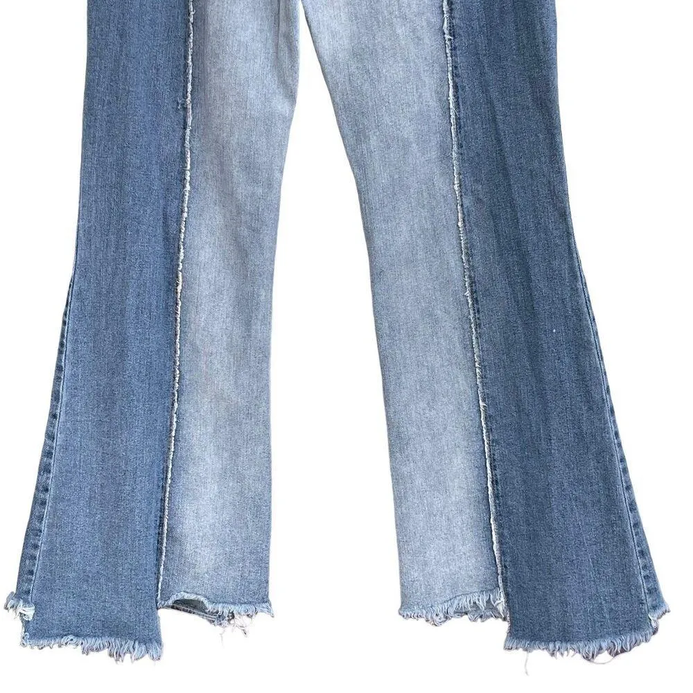 Rue21 JRs SZ 3 Festival Flare Jeans Hi-Rise Distressed Frayed Hems Two-Tone Boho - Image 5