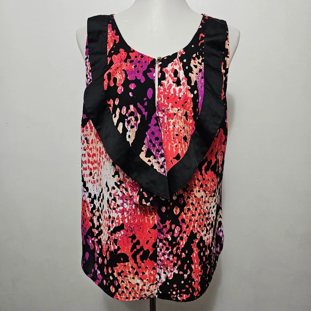 Worthington Magenta Animal Print Ruffled Sleeveless Satin Blouse Size Large - Image 2